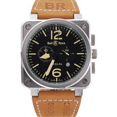 AAA Imitation Bell and Ross BR 03-94 Black Dial Silver Case Brown Leather Strap
