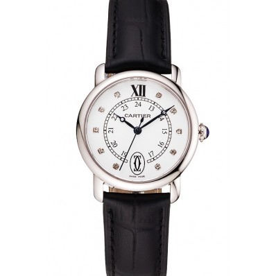 Copy Best Cartier Ronde White Dial Diamond Hour Marks Stainless Steel Case Black Leather Strap