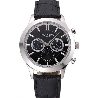 Copy Patek Philippe Moonphase Chronograph Black Dial Stainless Steel Case Black Leather Strap 622842