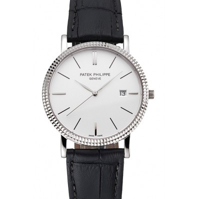 High Quality Copy Patek Philippe Calatrava White Dial Ribbed Bezel Stainless Steel Case Black Leather Strap