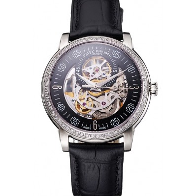 Imitation Swiss Patek Philippe Complications Openworked Dial Stainless Steel Case Diamond Bezel Black Leather Strap