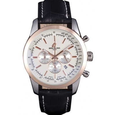 Knockoff Breitling Transocean White Dial Black Leather Strap Rose Gold Bezel 98205