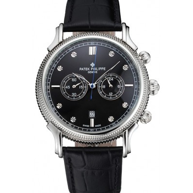 Patek Philippe Chronograph Black Dial With Diamonds Stainless Steel Case Black Leather Strap