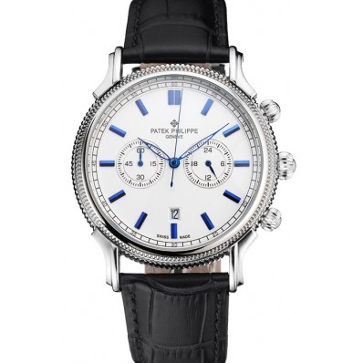 Patek Philippe Chronograph White Dial Blue Markings Stainless Steel Case Black Leather Strap