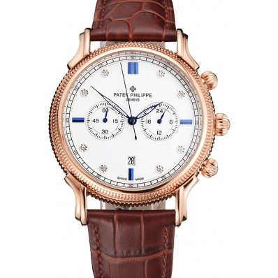 Patek Philippe Chronograph White Dial With Blue And Diamond Markings Rose Gold Case Brown Leather Strap