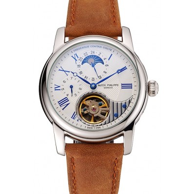 Patek Philippe Grand Complications GMT Moonphase Tourbillon White Dial Blue Numerals Stainless Steel Case Brown Suede Leather Strap 1453823