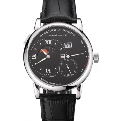 Replica A. Lange & Sohne Grand Lange 1 Moon Phase Black Dial Stainless Steel Case Black Leather Strap
