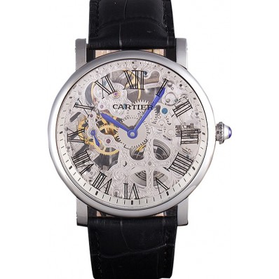 Replica Cartier Luxury Skeleton Watch with Silver Bezel and Black Leather Band 621559