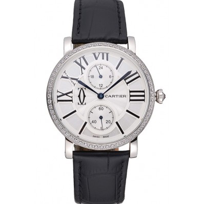 Replica Cartier Ronde Second Time Zone White Dial Stainless Steel Case With Diamonds Black Leather Strap 622804