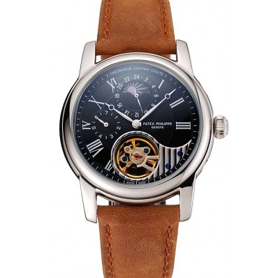 Replica Patek Philippe Grand Complications GMT Moonphase Tourbillon Black Dial Stainless Steel Case Brown Suede Leather Strap 1453822