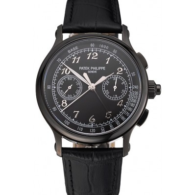 Replica Top Swiss Patek Philippe Split Seconds Chronograph Black Dial Black Case Black Leather Strap