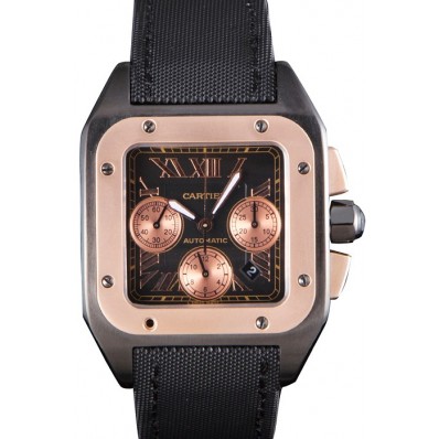 Swiss Cartier Santos Rose Gold Bezel with Black Dial and Black Fabric Strap 621526