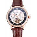 1:1 Imitation Patek Philippe Classic Tourbillon Power Reserve Black And White Dial Rose Gold Case Brown Leather Strap