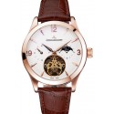 Cheap Replica Jaeger LeCoultre Master Moonphase Tourbillon White Dial Rose Gold Case Brown Leather Strap