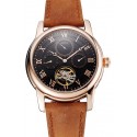 Copy Patek Philippe Grand Complications Day Date Tourbillon Black Dial Rose Gold Case Brown Suede Leather Strap 1453814