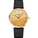 Fake High Quality Swiss Longines Grande Classique Gold Dial Gold Case Black Leather Strap