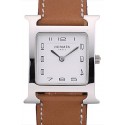 Hermes Heure H Stainless Steel Polished Bezel Tan Leather Strap White Dial 80230