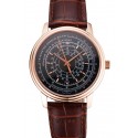 Imitation Swiss Patek Philippe Multi-Scale Chronograph Black Dial Rose Gold Case Brown Leather Strap