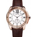 Knockoff Cartier Calibre De Cartier Small Seconds White Dial Rose Gold Case Brown Leather Strap
