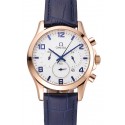 Omega Chronograph White Dial Rose Gold Case Blue Leather Strap