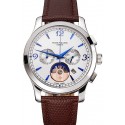 Patek Philippe Chronograph White Guilloche Dial Blue Hands Stainless Steel Case Brown Leather Strap