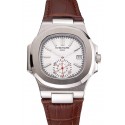 Patek Philippe Nautilus White Dial Stainless Steel Case Brown Leather Strap