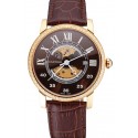Quality Swiss Cartier Rotonde Small Complication Brown Dial Gold Diamond Case Brown Leather Strap