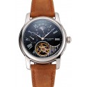Replica Patek Philippe Grand Complications GMT Moonphase Tourbillon Black Dial Stainless Steel Case Brown Suede Leather Strap 1453822