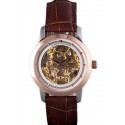 Replica Vacheron Constantin White Skeleton Watch with Rose Gold Bezel and Brown Leather Strap 621539 Watch
