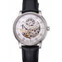 Swiss Patek Philippe Complications Openworked Dial Diamond Bezel Stainless Steel Case Black Leather Strap