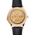 Swiss Patek Philippe Grand Complications Power Reserve Gold Dial And Case Diamond Bezel Black Leather Strap