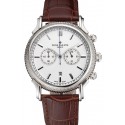 Top Imitation Patek Philippe Chronograph White Dial Stainless Steel Case Brown Leather Strap