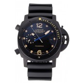 1:1 Panerai Luminor Submersible Flyback Date Black Dial Yellow Markings Black Ionized Case Black Rubber Strap