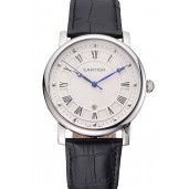 AAA Cartier Rotonde Date White Dial Stainless Steel Case Black Leather Strap