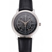 AAA Swiss Patek Philippe Multi-Scale Chronograph Black Dial Stainless Steel Case Black Leather Strap