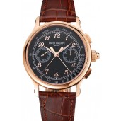 AAAAA Swiss Patek Philippe Split Seconds Chronograph Black Dial Rose Gold Case Brown Leather Strap