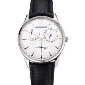 Best Quality Imitation Swiss Jaeger LeCoultre Master Ultra Thin Reserve De Marche White Dial Stainless Steel Case Black Leather Strap