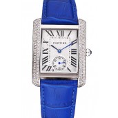 Cartier Tank MC Stainless Steel Diamond Case White Dial Blue Leather Strap 622172
