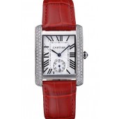 Cartier Tank MC Stainless Steel Diamond Case White Dial Red Leather Strap 622173