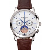 Copy Luxury Patek Philippe Chronograph White Dial Blue Hands Stainless Steel Case Brown Leather Strap