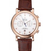 Copy Omega Seamaster Vintage Chronograph White Dial Diamond Hour Marks Rose Gold Case Brown Leather Strap