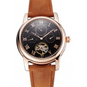 Copy Patek Philippe Grand Complications Day Date Tourbillon Black Dial Rose Gold Case Brown Suede Leather Strap 1453814