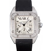Copy Swiss Cartier Santos Silver Bezel with Diamonds and Black Leather Strap sct44 621528