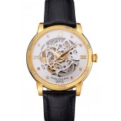 Copy Swiss Patek Philippe Complications Openworked Dial Gold Case Fluted Bezel Black Leather Strap