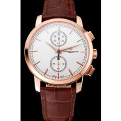 Copy Swiss Vacheron Constantin Patrimony Traditionnelle Chronograph White Dial Rose Gold Case Brown Leather Strap 1453762