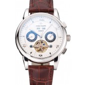 Fake AAA Patek Philippe Perpetual Calendar Tourbillon White Dial Stainless Steel Case Brown Leather Strap