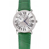 Fake Luxury Cartier Ronde Louis Silver Diamond Case White Dial Green Leather Bracelet 1454012