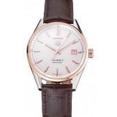 Fake Swiss Tag Heuer Carrera Calibre 5 White Dial Rose Gold Case Brown Leather Strap