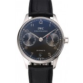 Fashion Replica Swiss IWC Portuguese Black Dial Black Subdials Silver Case Black Leather Bracelet 1453906