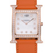 Hermes Heure H Rose Gold Diamond Encrusted Bezel Orange Leather Strap White Dial 80237
